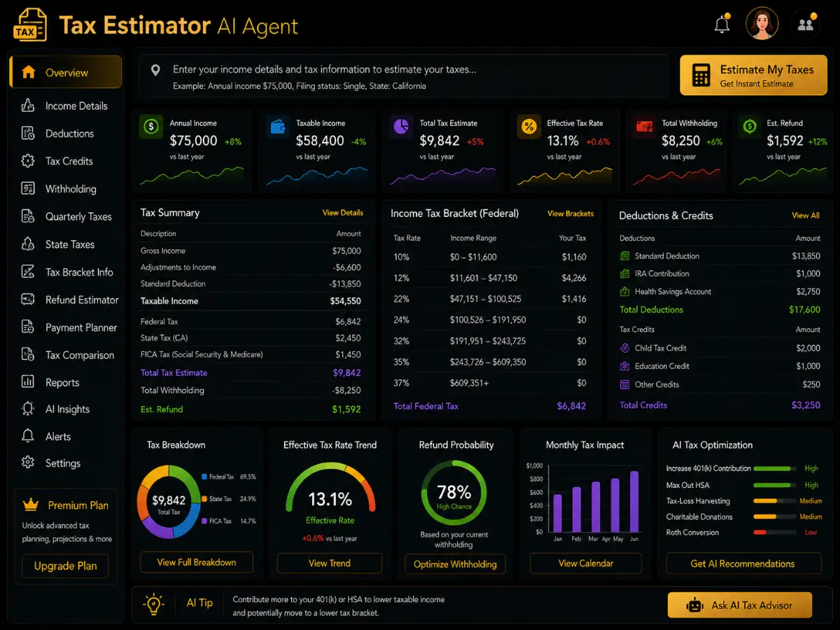 taxestimator.app AI tax estimator app — tax dashboard preview